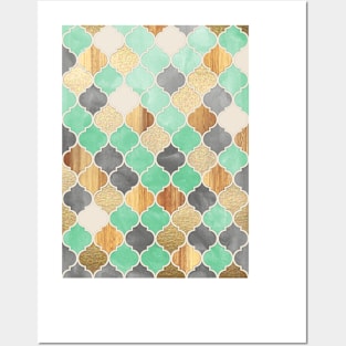 Charcoal, Mint, Wood & Gold Moroccan Pattern Posters and Art